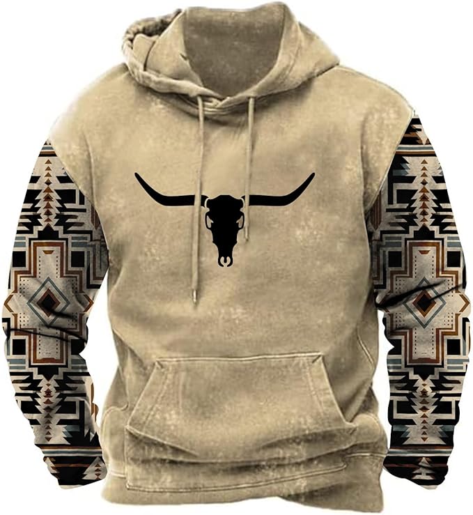 Mens Aztec Hoodie Western Hooded Sweatshirt Warm Casual Long Sleeve Drawstring Cowboy Pullover with Pocket