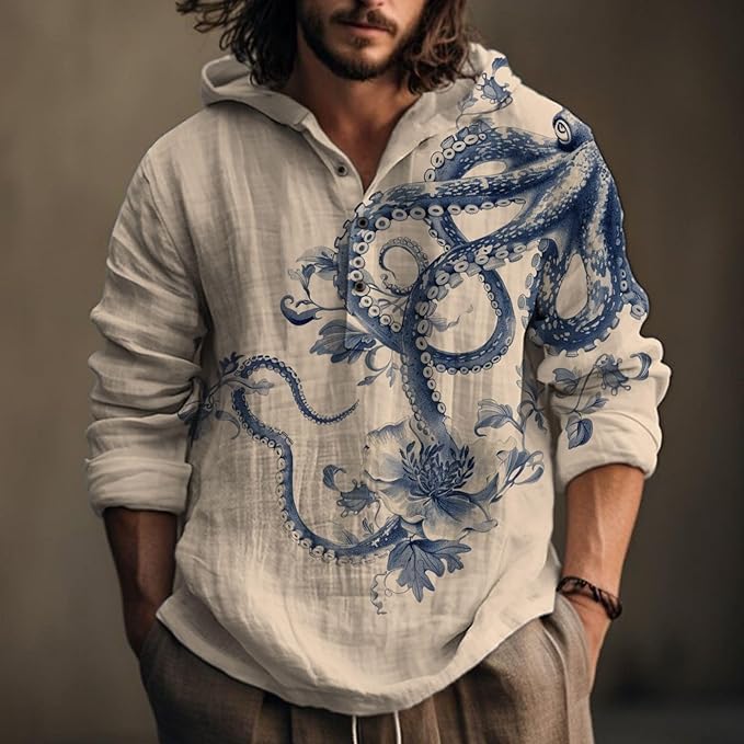 Mens Cotton Linen Hoodies Shirts Henley Neck Button Long Sleeves Hooded Sweatshirt Tunic Pullover Hippie Tops