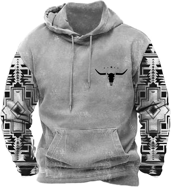 Mens Aztec Hoodie Western Hooded Sweatshirt Warm Casual Long Sleeve Drawstring Cowboy Pullover with Pocket