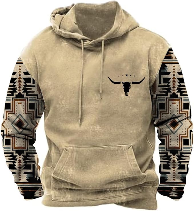 Mens Aztec Hoodie Western Hooded Sweatshirt Warm Casual Long Sleeve Drawstring Cowboy Pullover with Pocket