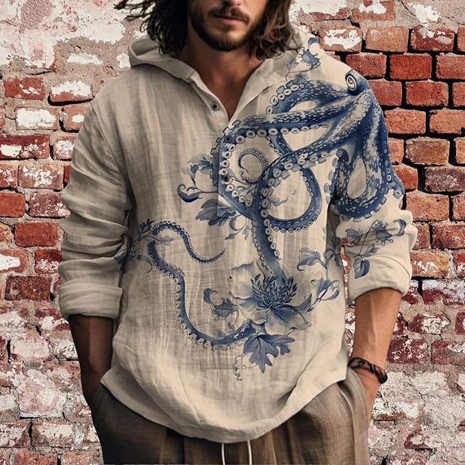 Mens Cotton Linen Hoodies Shirts Henley Neck Button Long Sleeves Hooded Sweatshirt Tunic Pullover Hippie Tops