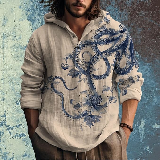 Mens Cotton Linen Hoodies Shirts Henley Neck Button Long Sleeves Hooded Sweatshirt Tunic Pullover Hippie Tops