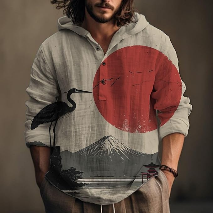 Mens Cotton Linen Hoodies Shirts Henley Neck Button Long Sleeves Hooded Sweatshirt Tunic Pullover Hippie Tops