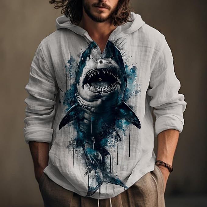 Mens Cotton Linen Hoodies Shirts Henley Neck Button Long Sleeves Hooded Sweatshirt Tunic Pullover Hippie Tops