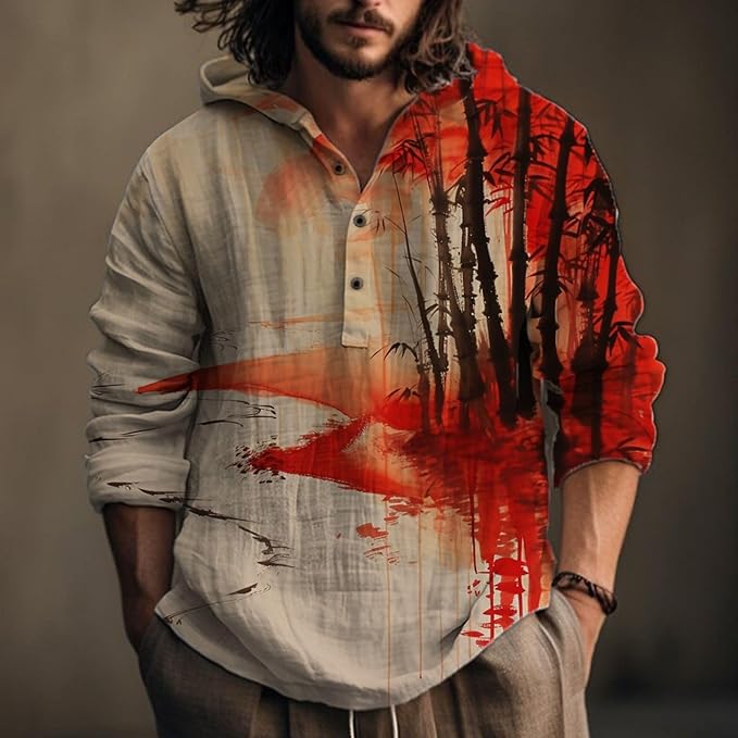 Mens Cotton Linen Hoodies Shirts Henley Neck Button Long Sleeves Hooded Sweatshirt Tunic Pullover Hippie Tops