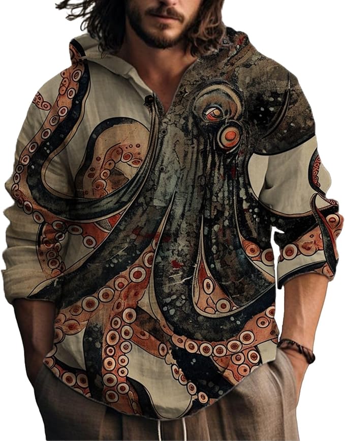 Mens Cotton Linen Hoodies Shirts Henley Neck Button Long Sleeves Hooded Sweatshirt Tunic Pullover Hippie Tops