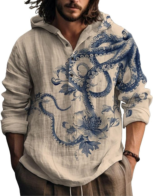 Mens Cotton Linen Hoodies Shirts Henley Neck Button Long Sleeves Hooded Sweatshirt Tunic Pullover Hippie Tops