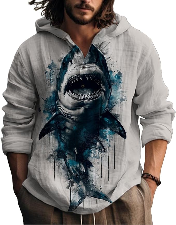 Mens Cotton Linen Hoodies Shirts Henley Neck Button Long Sleeves Hooded Sweatshirt Tunic Pullover Hippie Tops