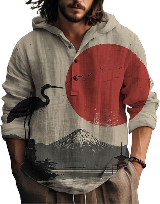 Mens Cotton Linen Hoodies Shirts Henley Neck Button Long Sleeves Hooded Sweatshirt Tunic Pullover Hippie Tops