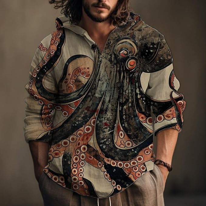 Mens Cotton Linen Hoodies Shirts Henley Neck Button Long Sleeves Hooded Sweatshirt Tunic Pullover Hippie Tops