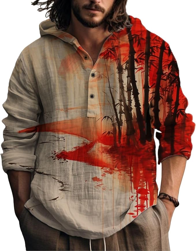 Mens Cotton Linen Hoodies Shirts Henley Neck Button Long Sleeves Hooded Sweatshirt Tunic Pullover Hippie Tops