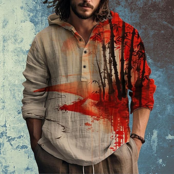 Mens Cotton Linen Hoodies Shirts Henley Neck Button Long Sleeves Hooded Sweatshirt Tunic Pullover Hippie Tops