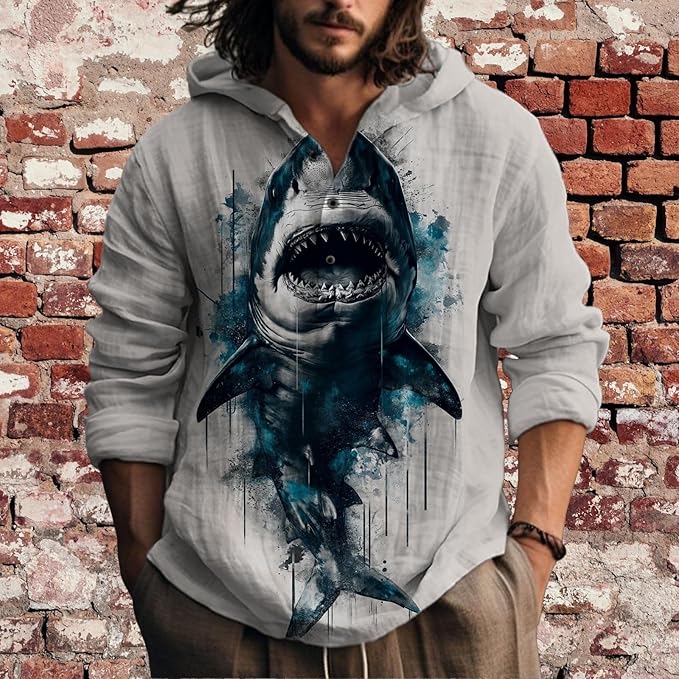 Mens Cotton Linen Hoodies Shirts Henley Neck Button Long Sleeves Hooded Sweatshirt Tunic Pullover Hippie Tops