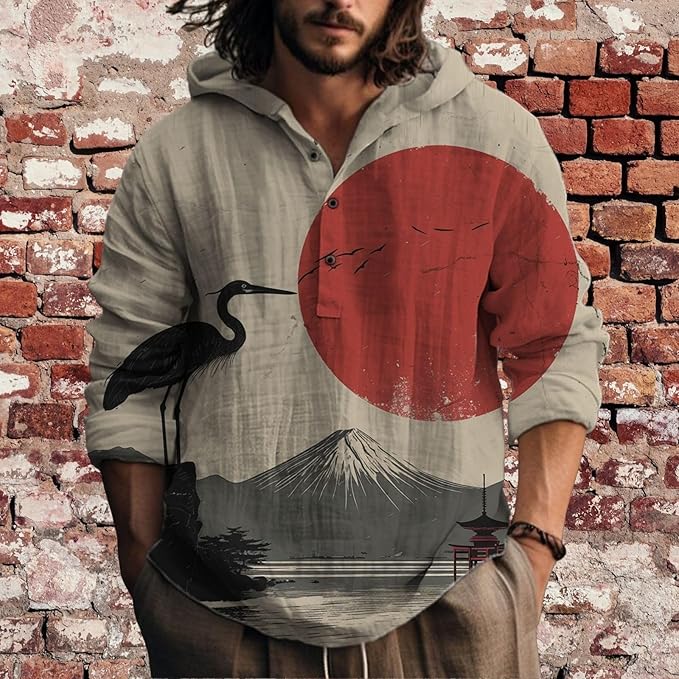 Mens Cotton Linen Hoodies Shirts Henley Neck Button Long Sleeves Hooded Sweatshirt Tunic Pullover Hippie Tops