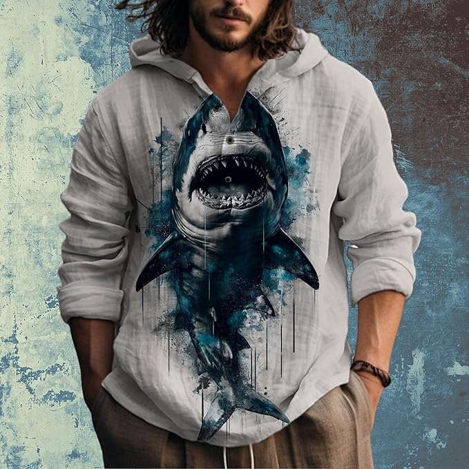 Mens Cotton Linen Hoodies Shirts Henley Neck Button Long Sleeves Hooded Sweatshirt Tunic Pullover Hippie Tops
