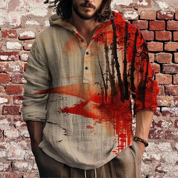 Mens Cotton Linen Hoodies Shirts Henley Neck Button Long Sleeves Hooded Sweatshirt Tunic Pullover Hippie Tops
