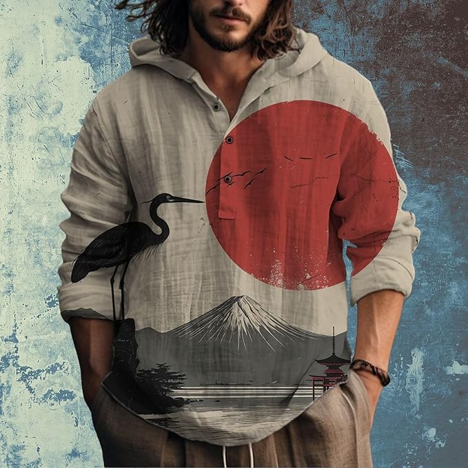 Mens Cotton Linen Hoodies Shirts Henley Neck Button Long Sleeves Hooded Sweatshirt Tunic Pullover Hippie Tops